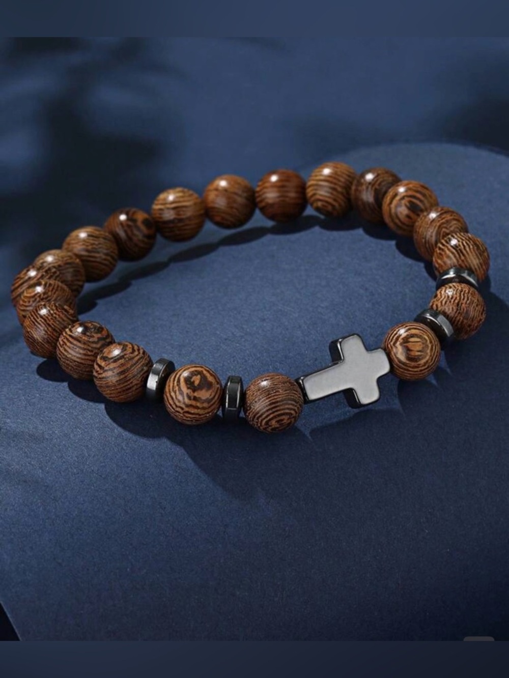 Brown Wood Bead Men's Bracelet with Black Cross Accent
